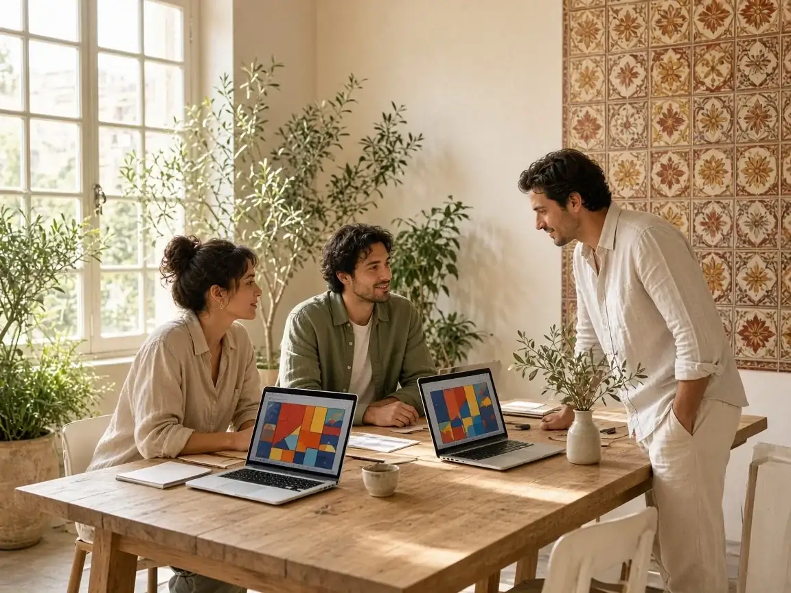 Estudio en Madrid con azulejos y portátiles
