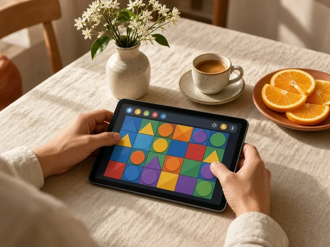 Manos y tableta sobre un mantel de lino con azahar