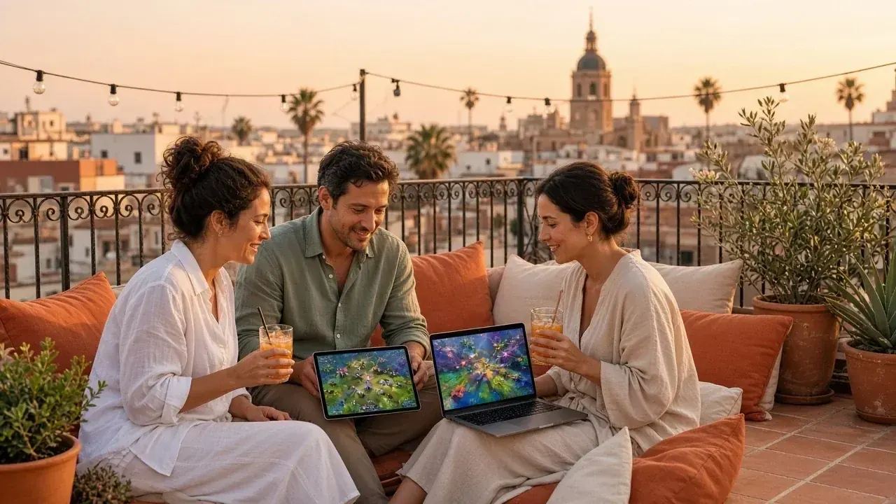 Terraza en Valencia al atardecer con amigos y tabletas